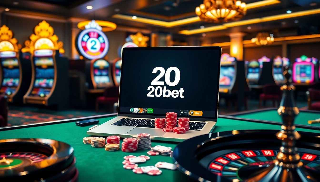 Experience the excitement of 20bet online betting with a luxurious casino scene showcasing poker chips and vibrant games.