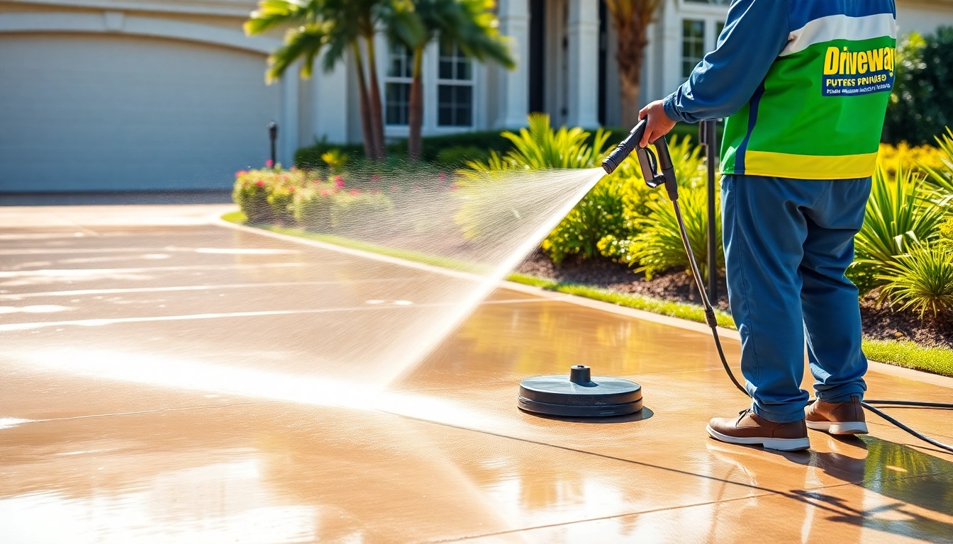 Driveway pressure wash showcasing a professional technician cleaning a concrete driveway in Kissimmee, FL, under sunny skies.