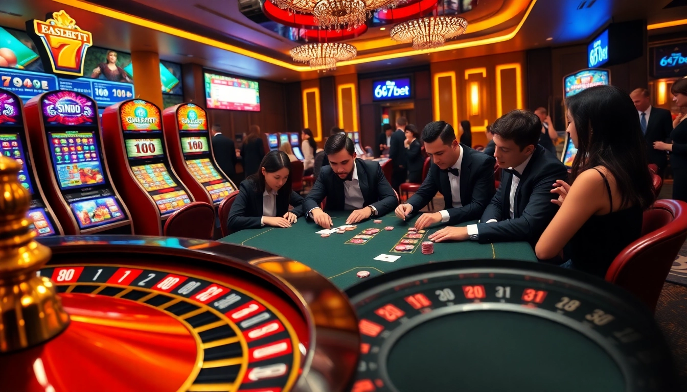 Engaging scene of 667bet poker table with players and vibrant slot machines, showcasing excitement.