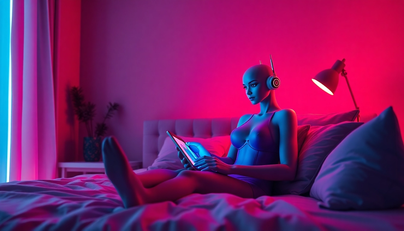 Engaging AI character in a digital chat scene representing free sex AI interactions, accentuated by intimate bedroom ambiance.