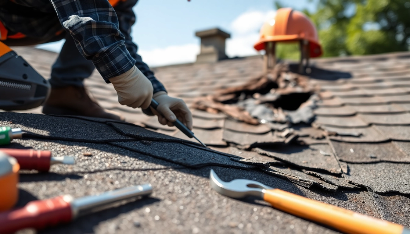 Dachschaden Gutachter untersucht eine beschädigte Dachfläche mit Werkzeugen.