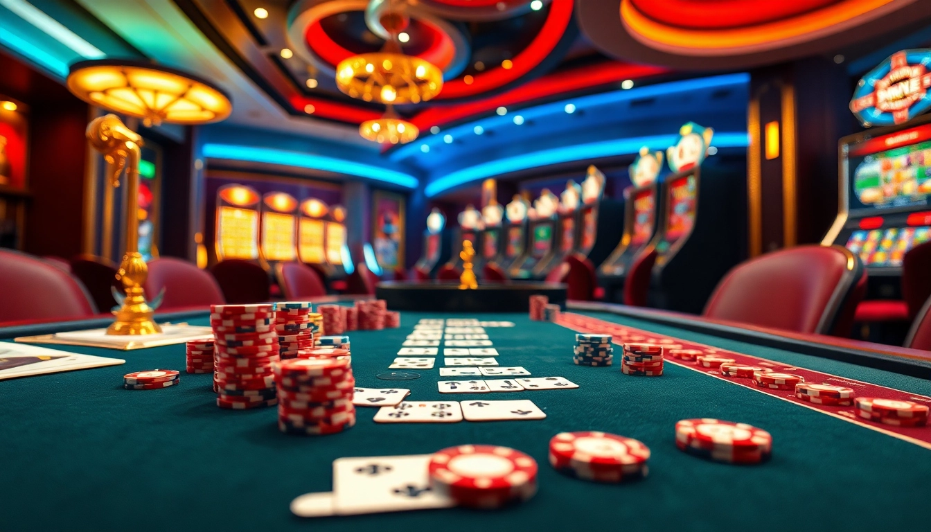 An engaging poker game atmosphere showcasing 99ok.co.im with vibrant lights and lavish casino elements.