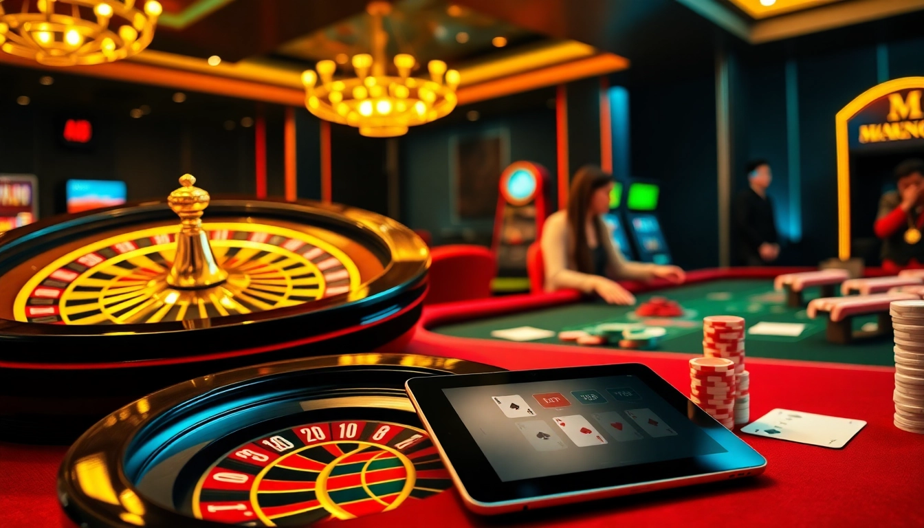 Experience the thrill of Nhà cái Luck8 with a captivating scene of a luxurious casino featuring roulette and poker.