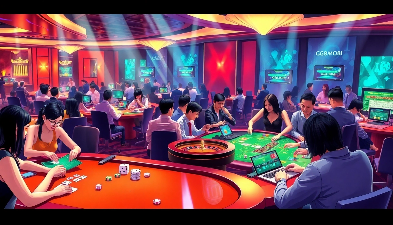 Players enjoying various games at GG88.MOBI casino, showcasing poker, blackjack, and roulette action.