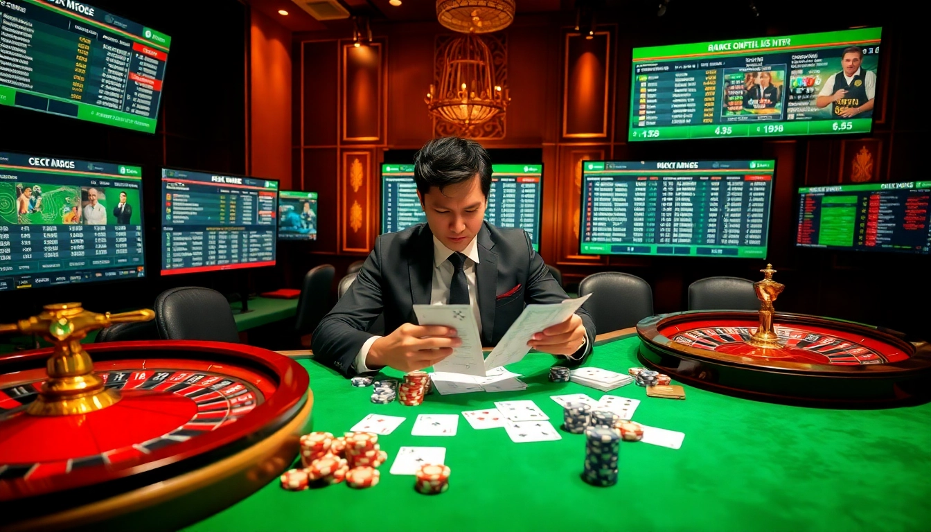Engaging atmosphere of kèo bóng đá betting with detailed betting slips and glamorous casino elements.