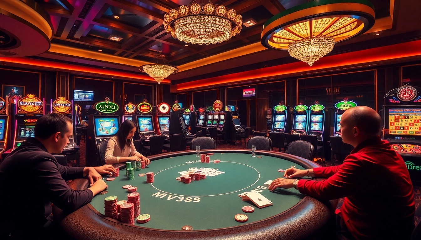 Players engage in an exciting poker game at mv88 casino, surrounded by vibrant slot machines and a roulette wheel.