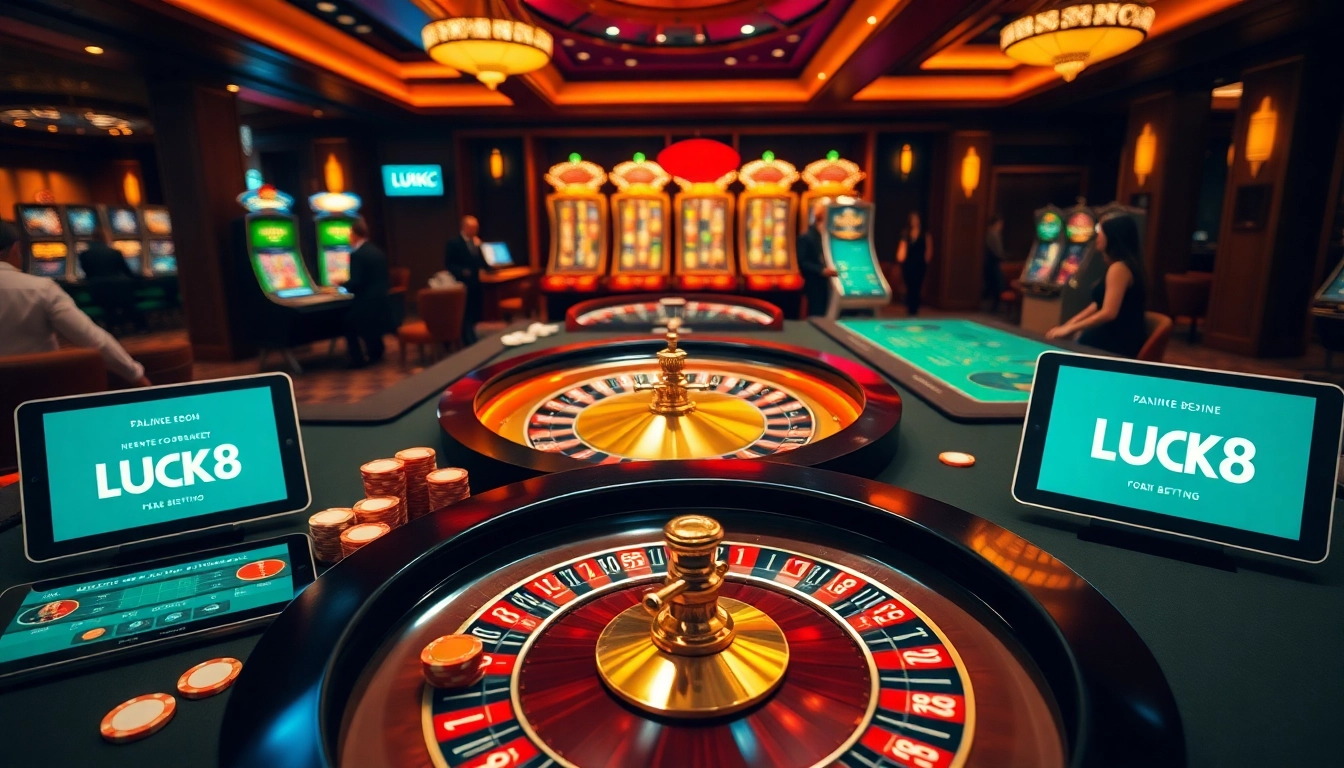Engaging players at LUCK8 casino surrounded by roulette tables and exciting slot machines.
