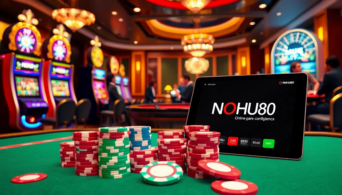 Players enjoying exciting games at nhà cái NOHU90 casino with vibrant poker chips and slot machines.