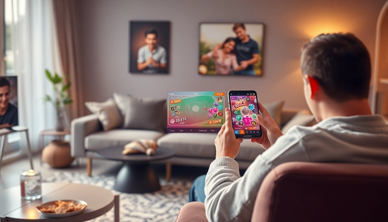 Tải game Kubet88 app interface displayed on a smartphone in a cozy living room setting.