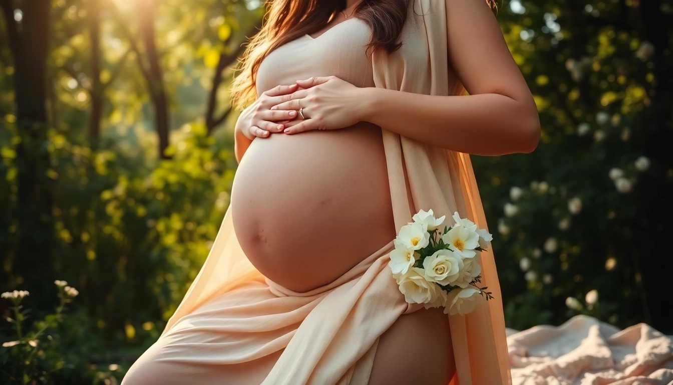 Betrakte Babybauch Fotoshooting mit werdender Mutter im Freien, sanft umgeben von Blumen.