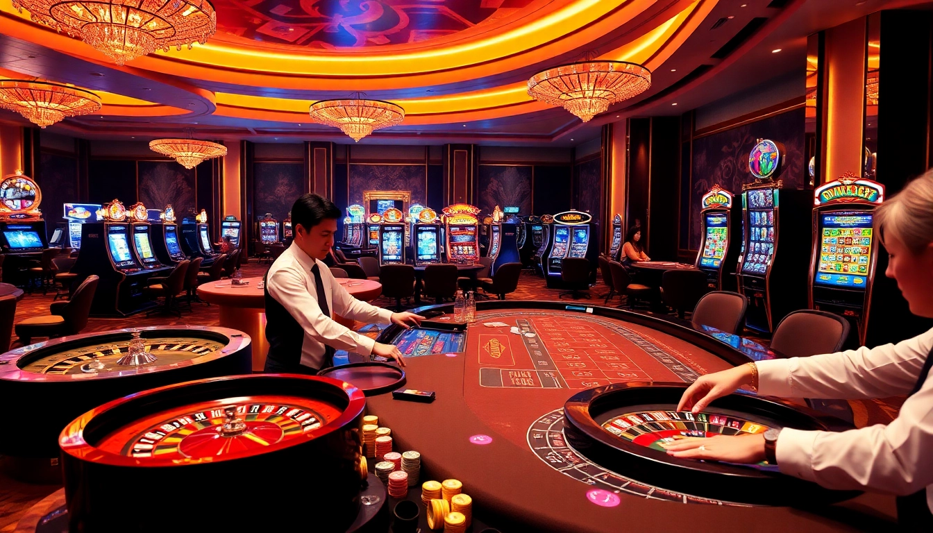 IWIN68 players enjoying vibrant casino games with a professional dealer at a luxurious gambling table.