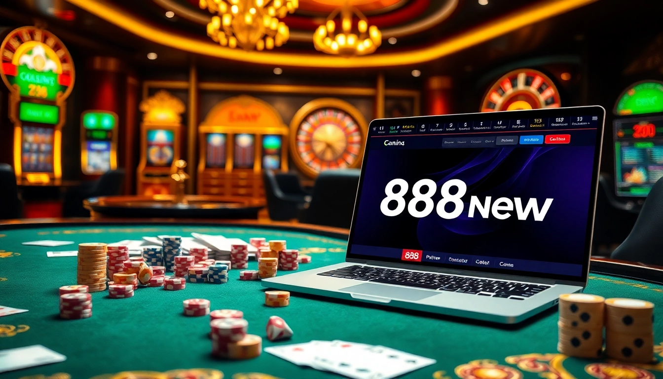 A thrilling gaming scene at 888new com with poker chips, cards, and online betting interface showcasing the excitement of casino play.