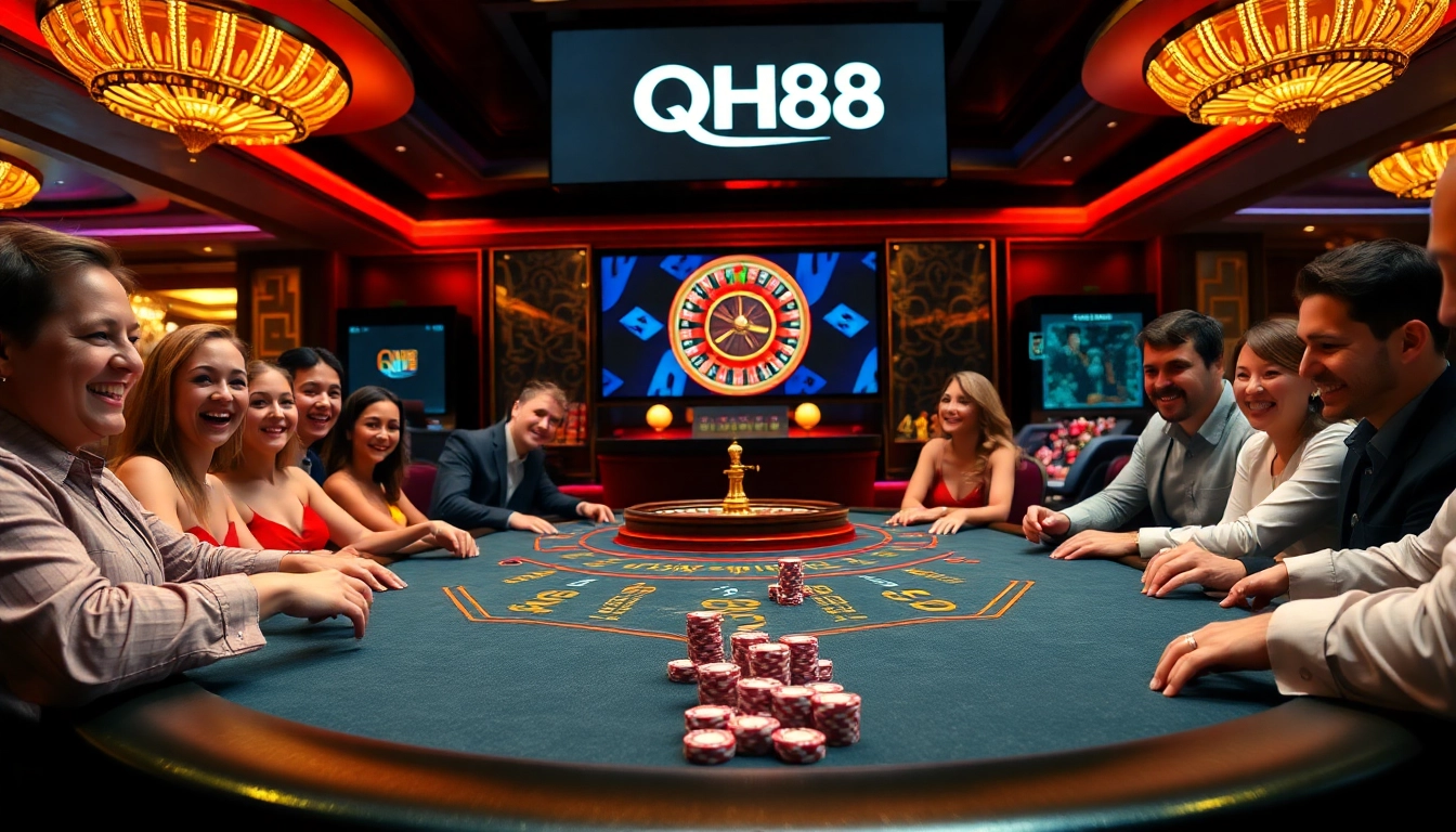Players enjoying blackjack at a glamorous QH88 casino, showcasing excitement and high-stakes betting.