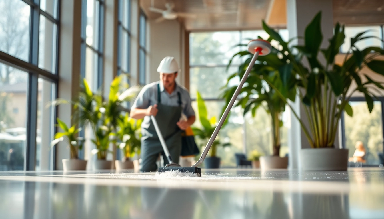 Hausmeister in München reinigt sorgfältig einen modernen Innenraum.