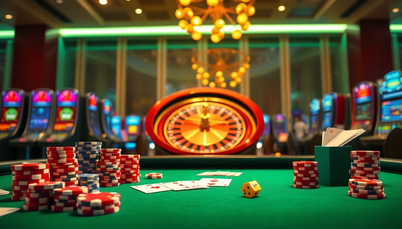 An exciting scene of online gambling with vibrant casino elements at 789win.com, featuring poker chips, cards, and a roulette wheel.