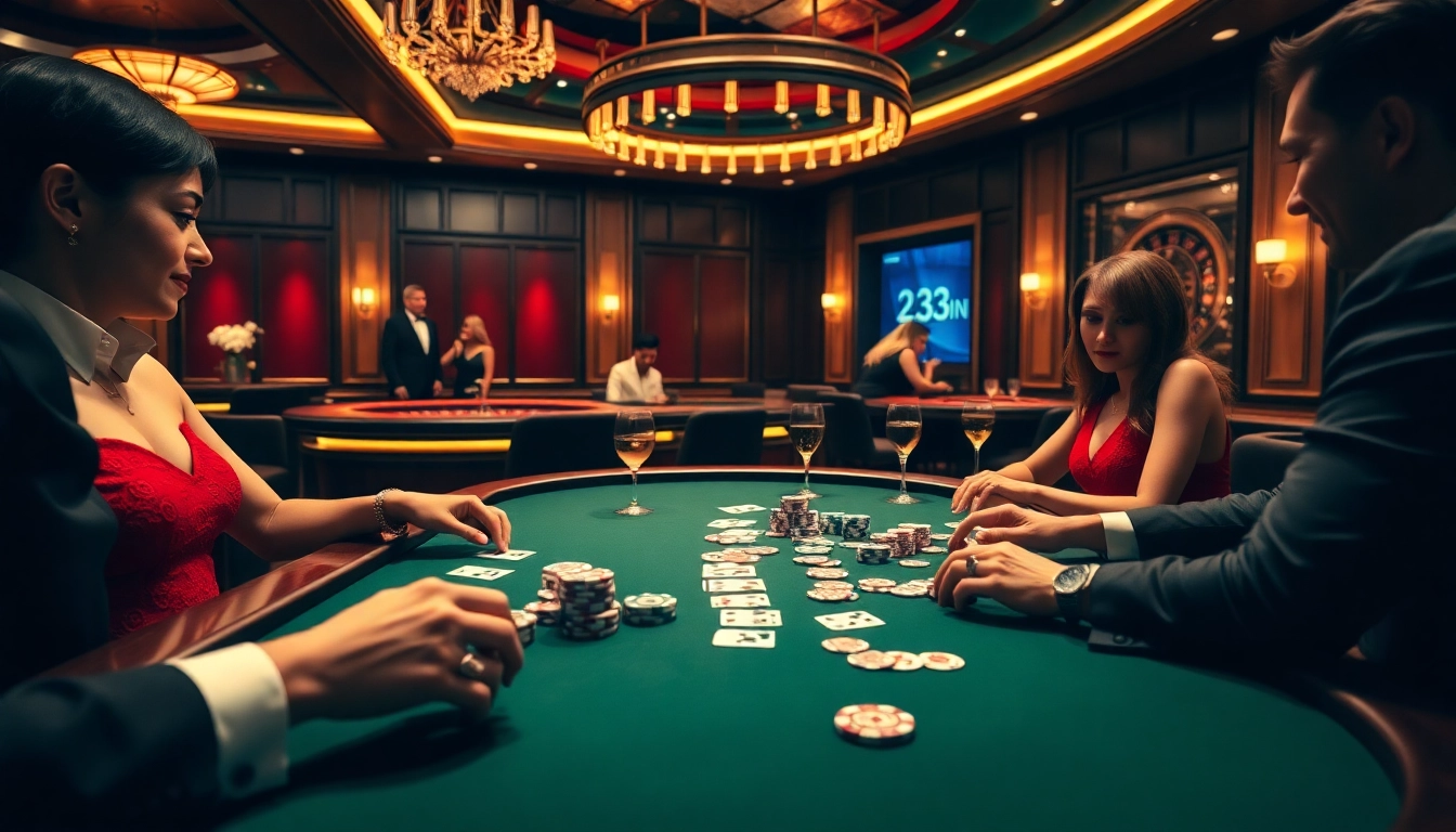 Experience high-stakes gambling at 23win's luxurious poker table, showcasing strategic gameplay and elegance.