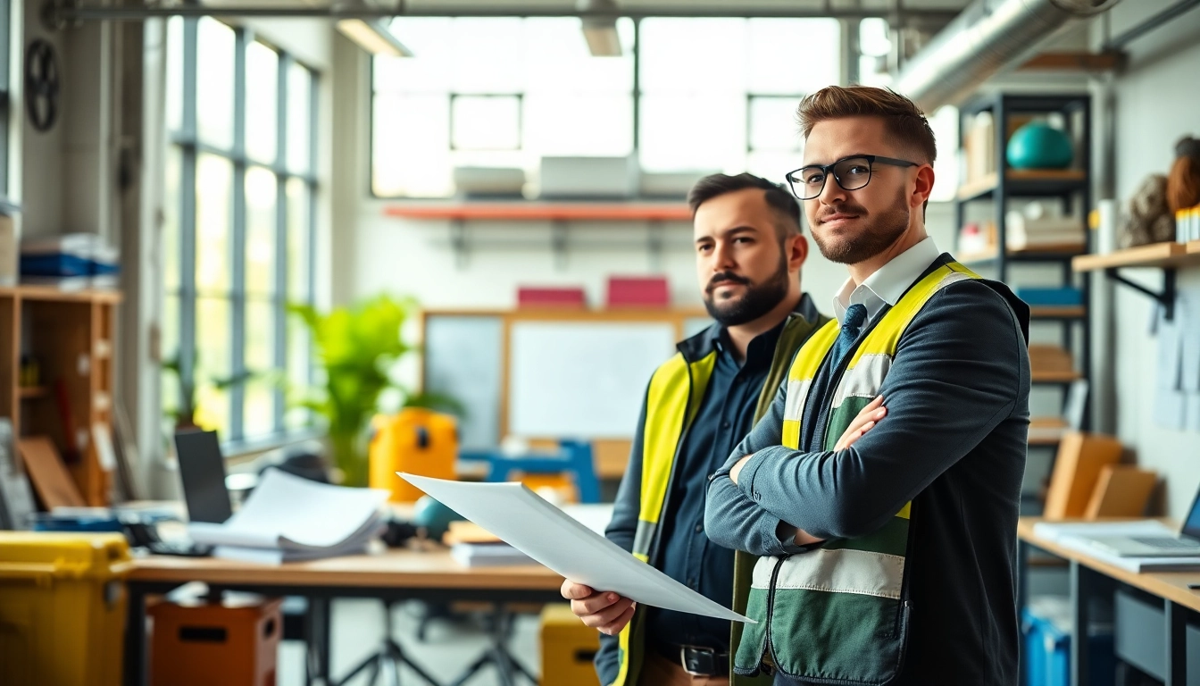 Hausmeister in München bei der Arbeit in einem modernen Büro, umgeben von Werkzeugen und Plänen.