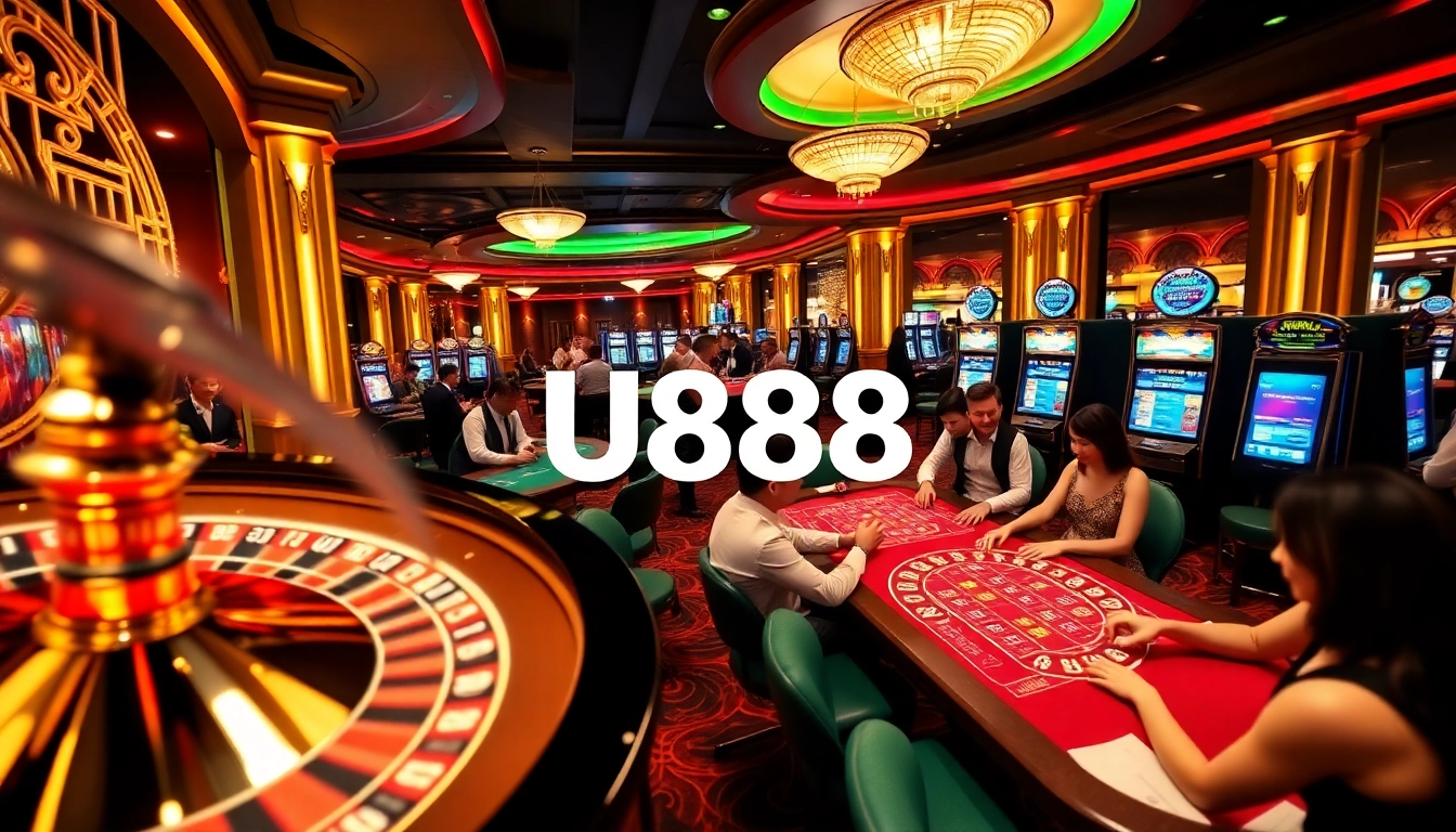 Gamblers enjoying an exciting casino experience at U888 with vibrant tables and lively atmosphere.