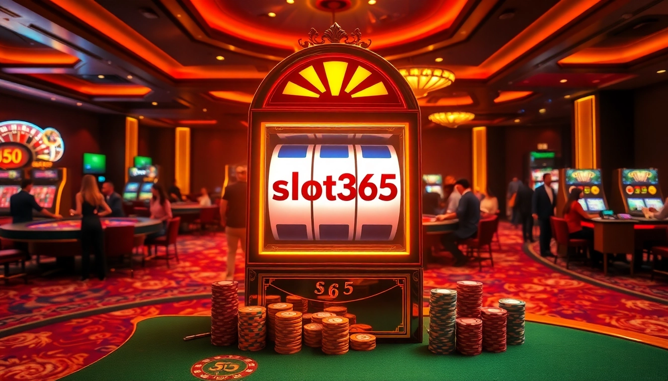 Players enjoying the thrilling slot365 experience at a luxurious casino with vibrant machines.