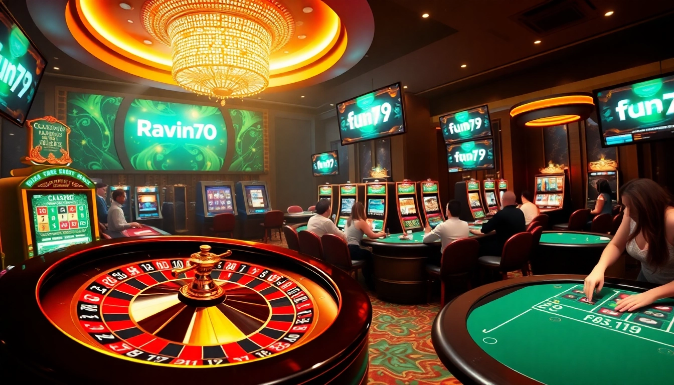 Experience the thrill of fun79 with vibrant roulette wheels and engaging players in a casino setting.