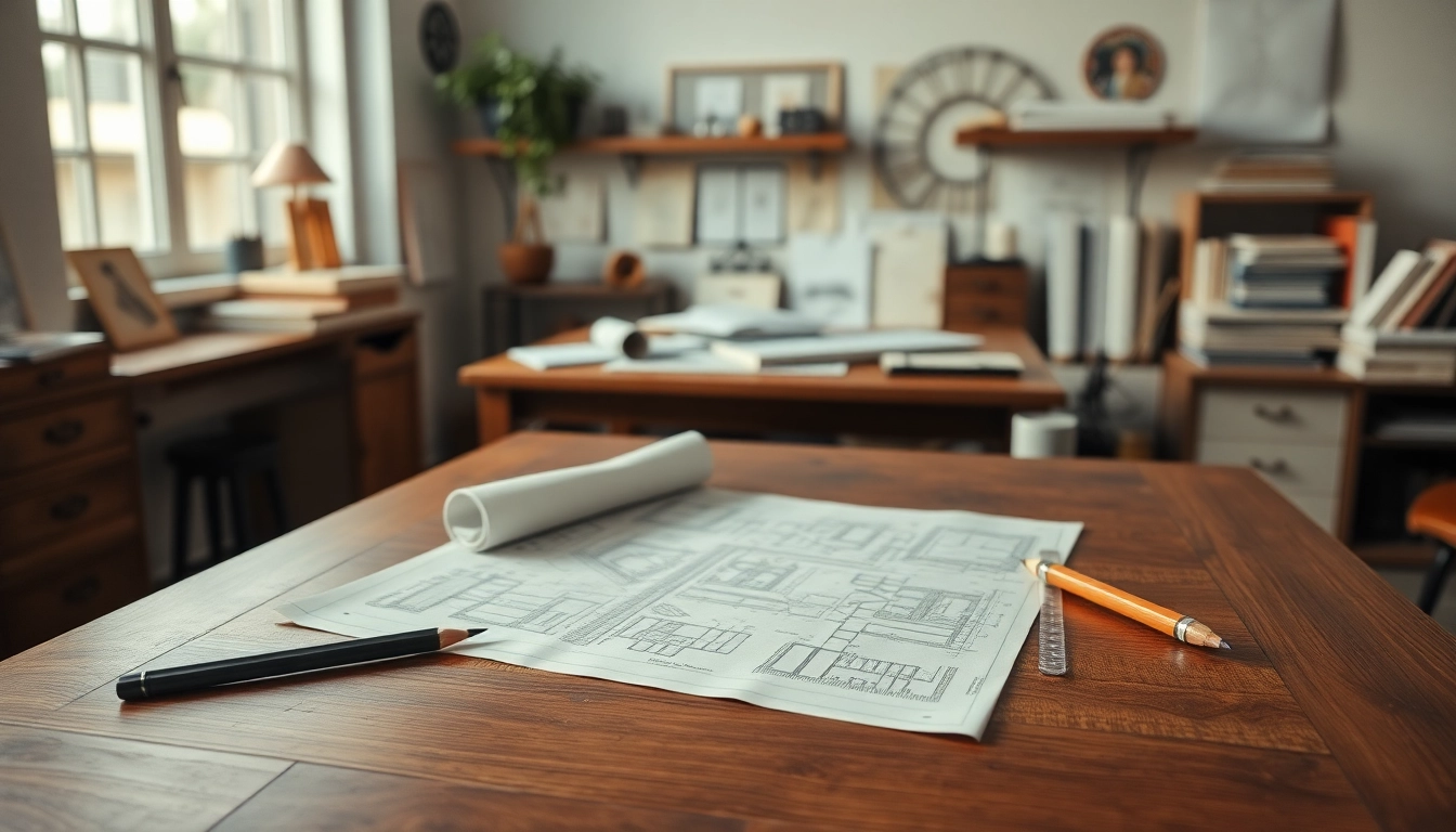 winkel und zirkel Werkzeuge auf einem Vintage-Zeichentisch mit Blaupausen, die Handwerkskunst vermitteln