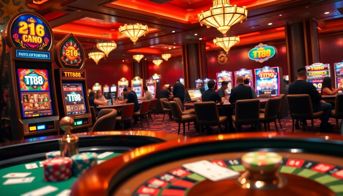 Players enjoying a vibrant casino experience with TT88 slot machines and lively tables.