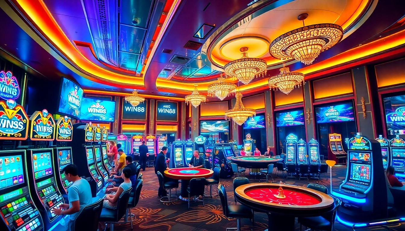 Players enjoying various games at WIN88 casino, showcasing excitement and luxury in online gambling.