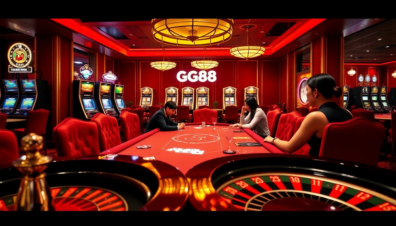 Experience the excitement of GG88 with vibrant casino scenes filled with poker games and lively players.