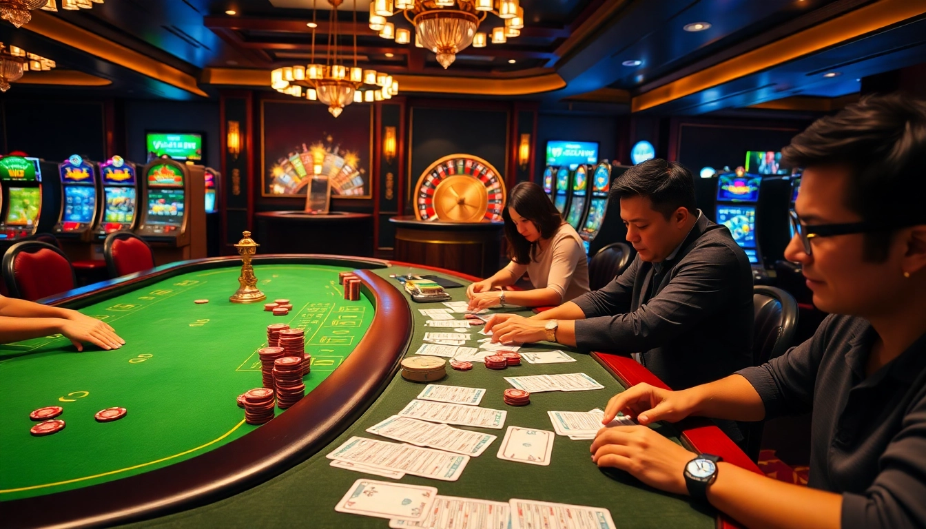 Players enjoying a thrilling gaming experience at NK88 with casino tables and vibrant poker chips.