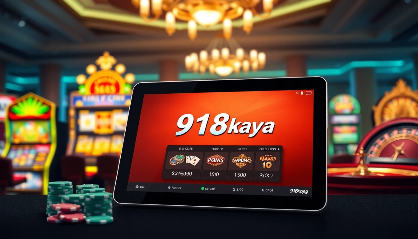 Engage with the thrilling experience of 918kaya Download on a sleek tablet surrounded by vibrant casino elements.