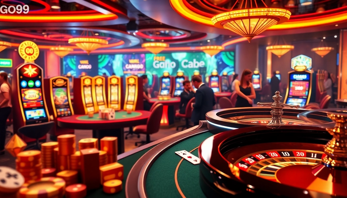 Experience the excitement of Go99 with vibrant gaming interfaces, slot machines, and casino tables.