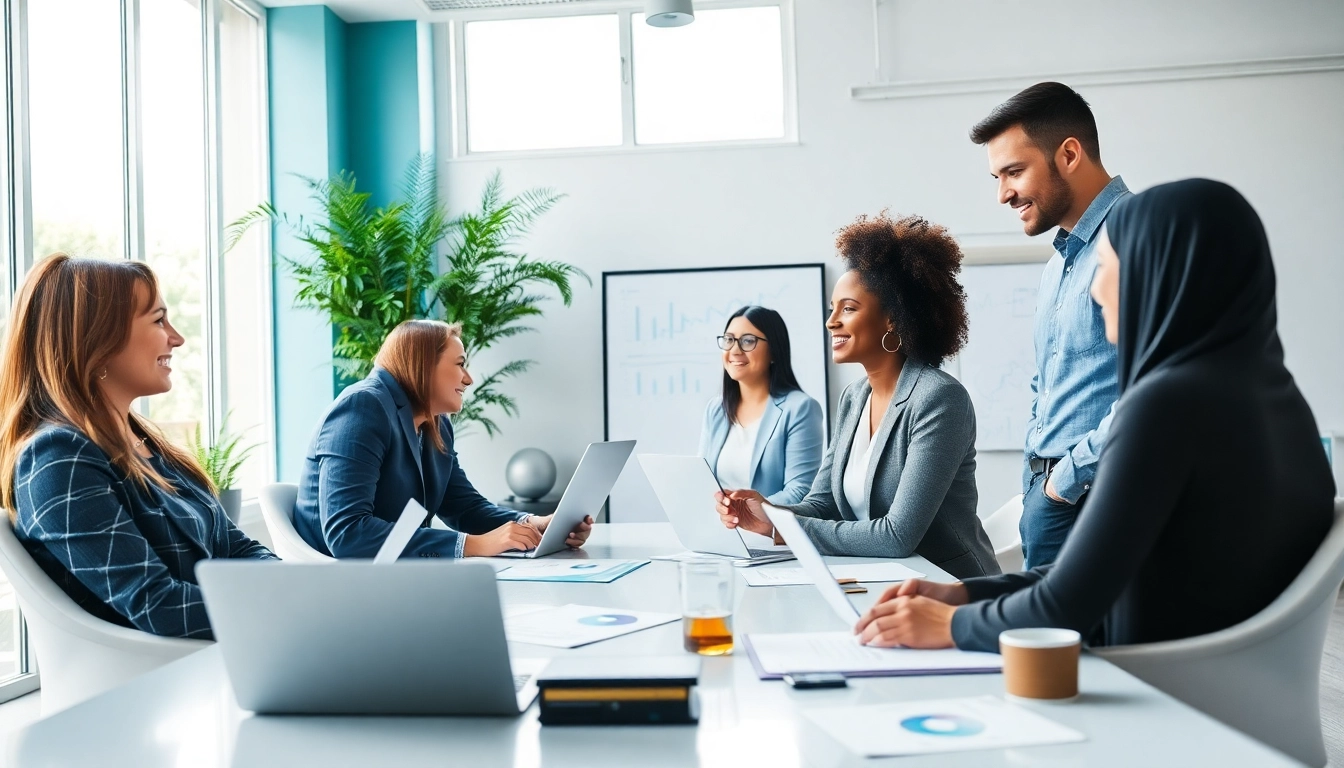 Dynamische Vertriebsprofis, die in einem modernen Büro zusammenarbeiten und die Personalvermittlung Vertrieb betonen.