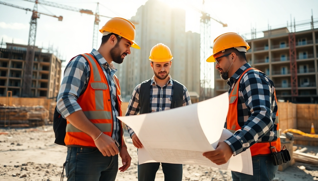 Construction workers collaborating on a site, reviewing plans and tools.