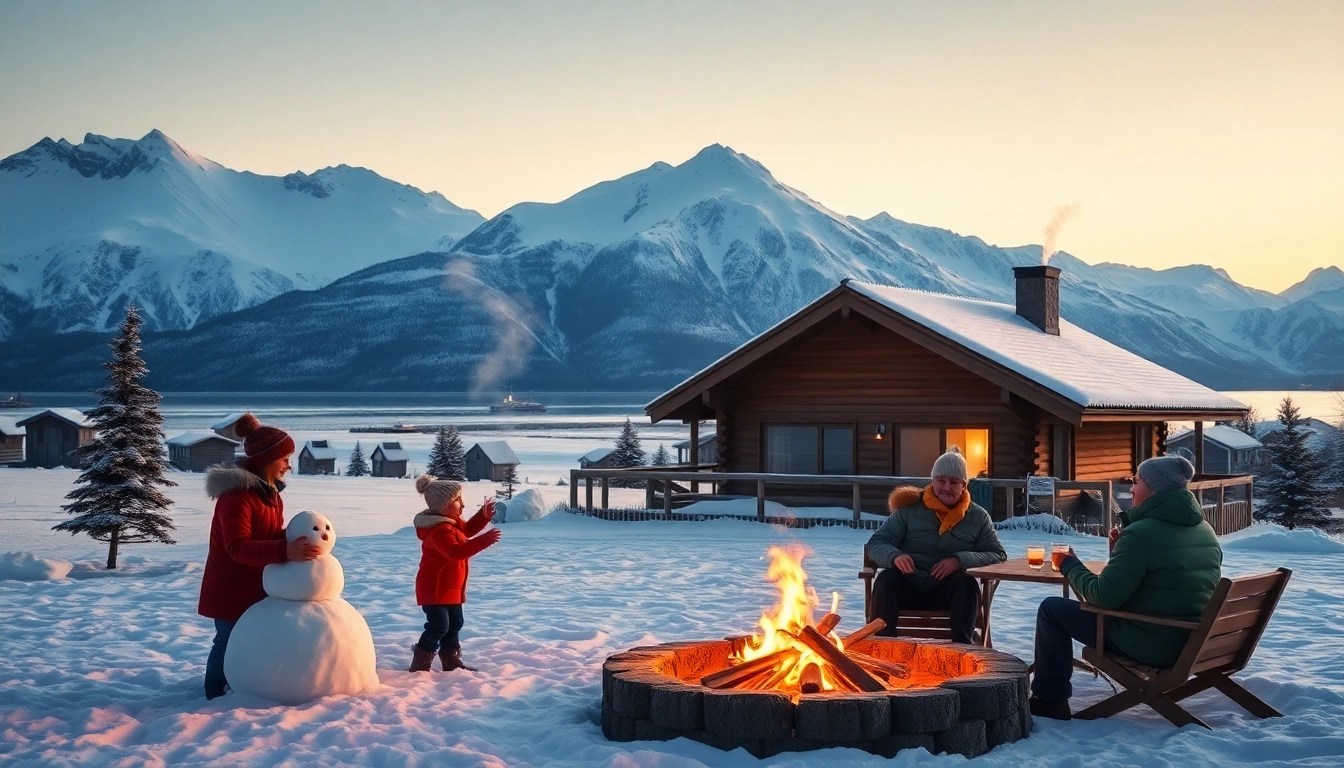 Urlaub in Skandinavien: Eine Familie genießt einen gemütlichen Winterurlaub in der malerischen skandinavischen Landschaft.