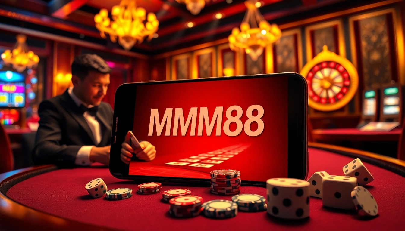 Engaging poker game at MM88 with colorful chips, cards, and smartphone betting interface.
