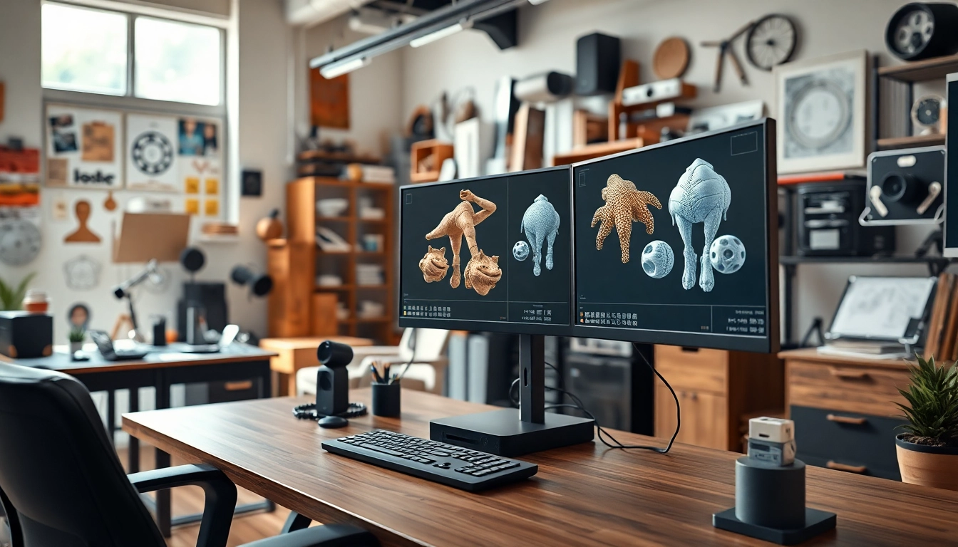 Ein beeindruckendes 3D visualisierung Setup mit modernen Monitoren und kreativen Werkzeugen im Hintergrund.