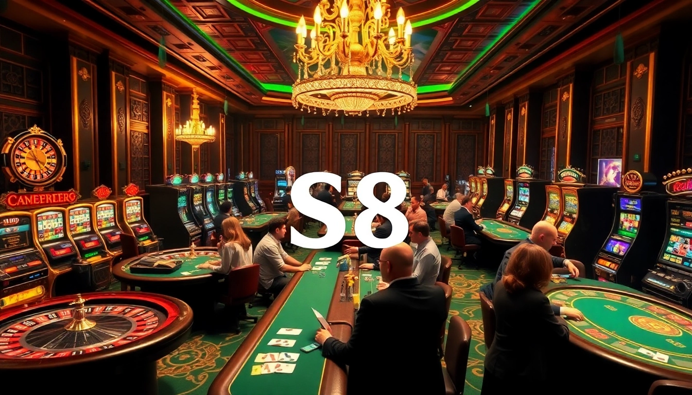 S8 gambling excitement with colorful chips and vibrant roulette wheels on a casino floor.