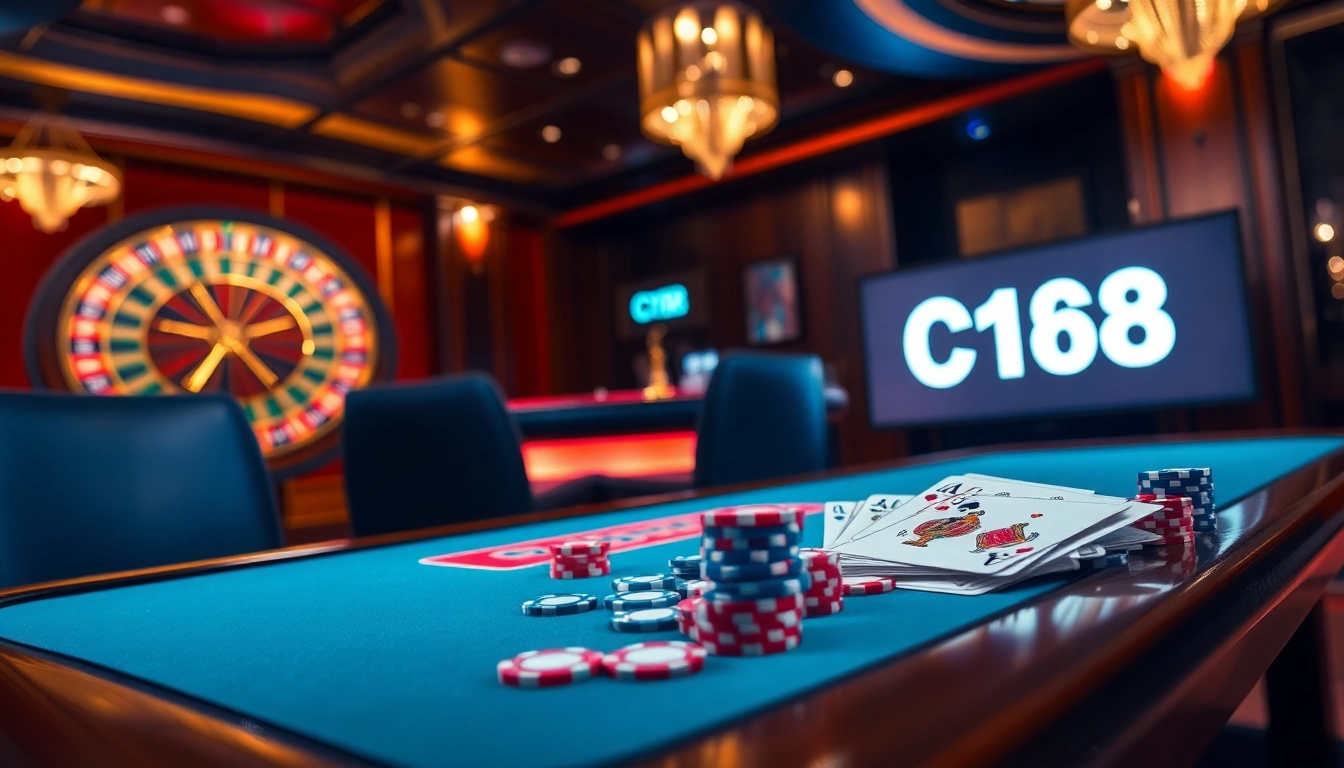 C168 poker table with vibrant chips and winning cards in a luxurious casino setting.