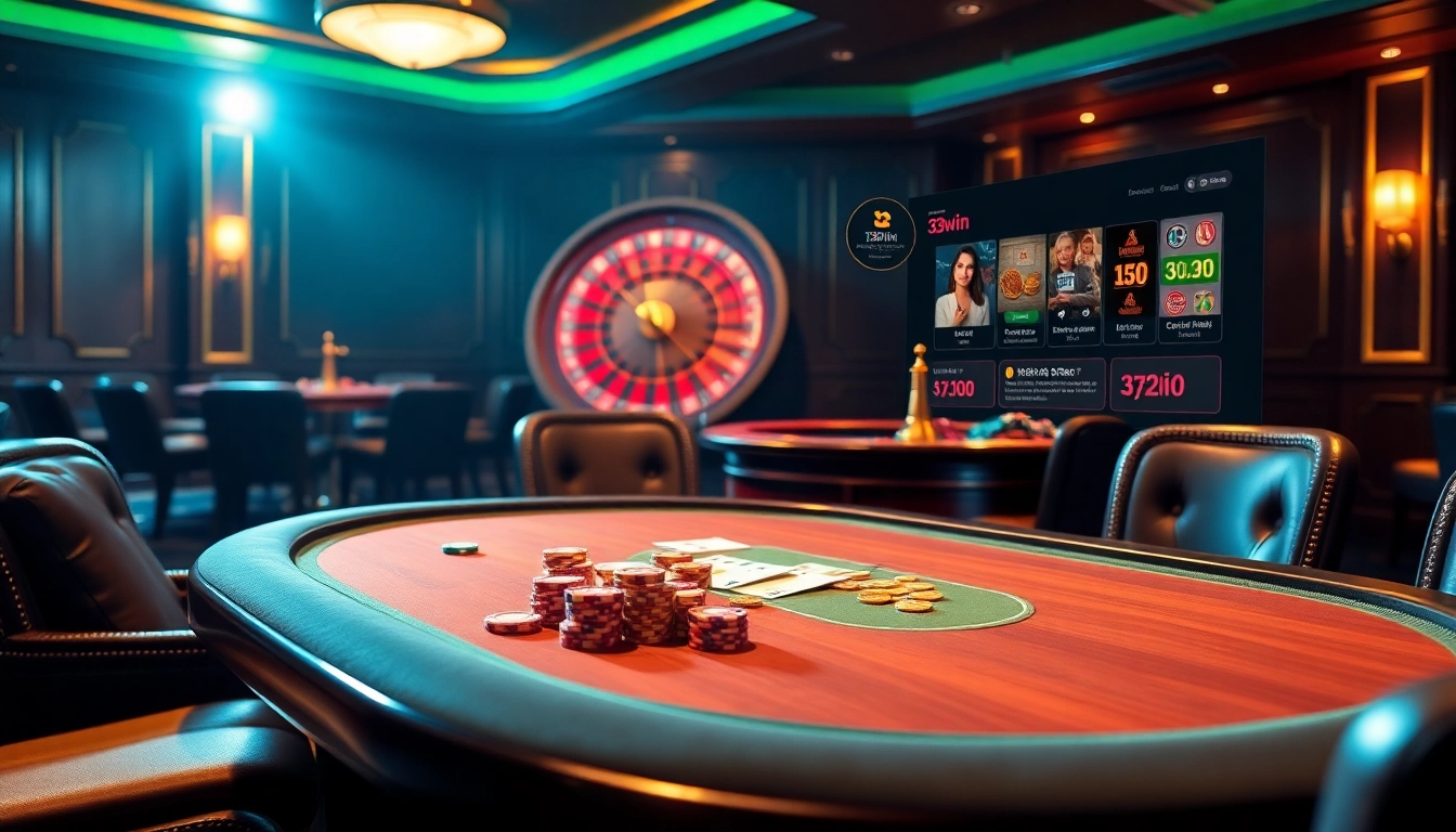 33win poker table with chips and roulette wheel in an elegant casino setting.