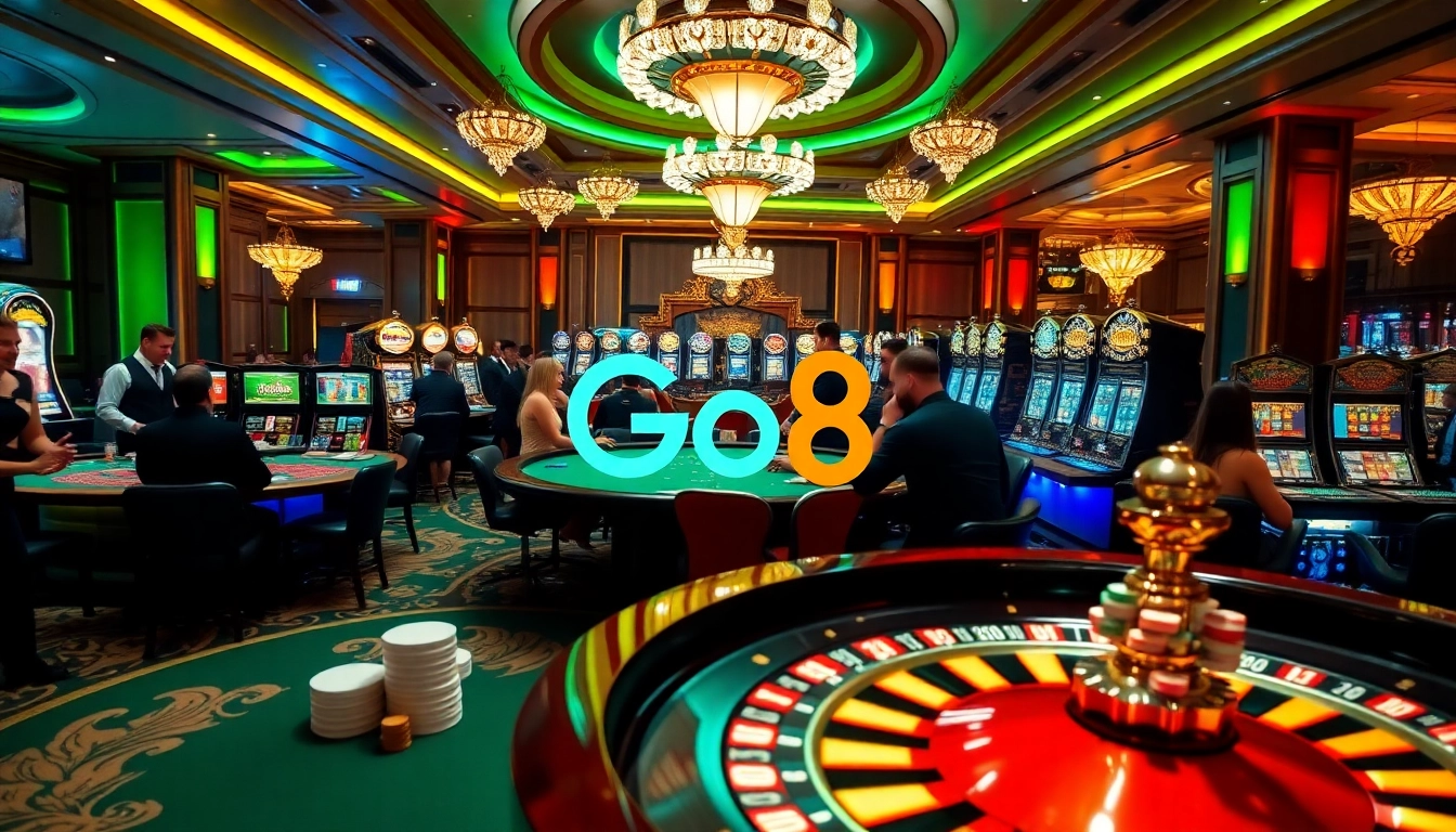 Experience luxurious gambling at Go8 with vibrant tables, roulette wheels, and slot machines.