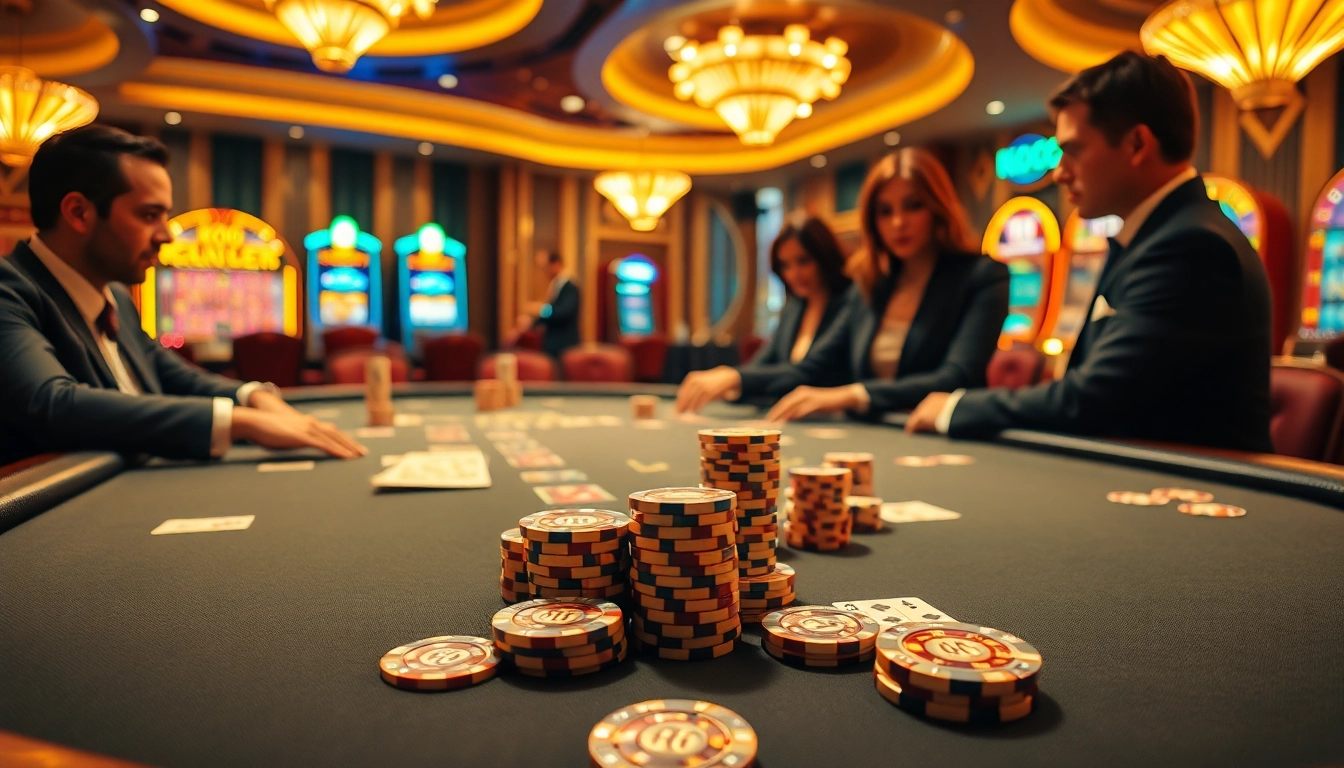 Trải nghiệm sự hồi hộp của KO66 tại một bàn poker sang trọng với những chip màu sắc và người chơi tập trung.