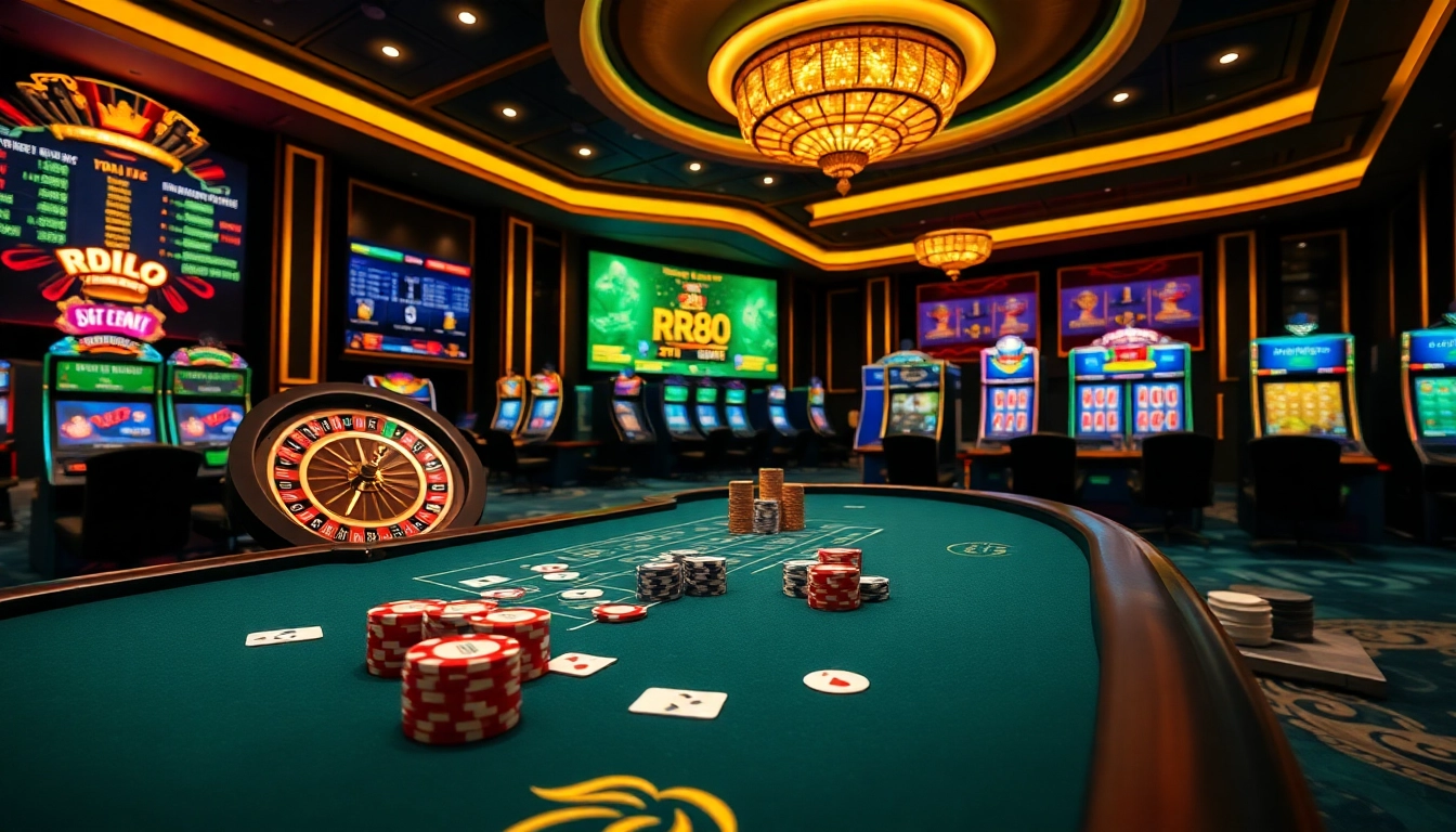 Exciting casino scene showcasing trust and luxury while evaluating if rr88 có uy tín không for players.