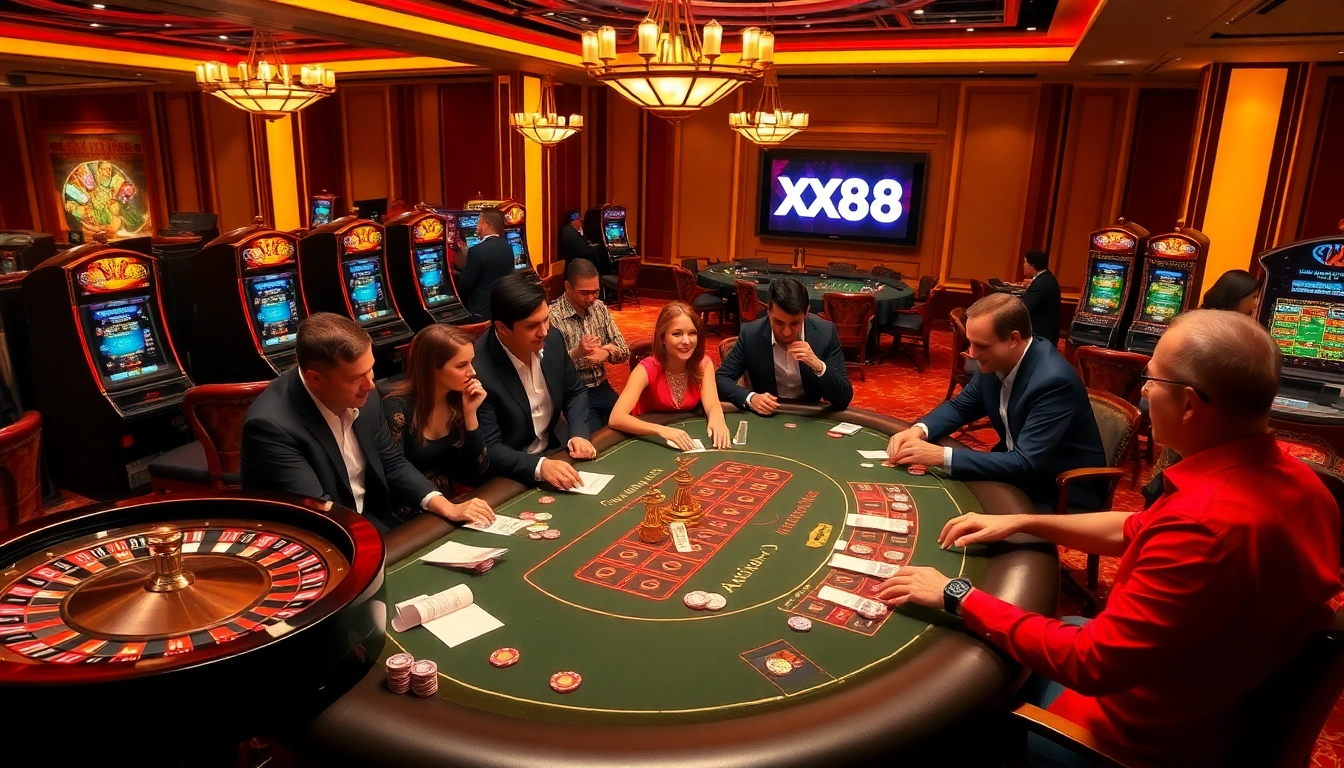 Exciting gambling scene at XX88 casino with poker chips and table games.
