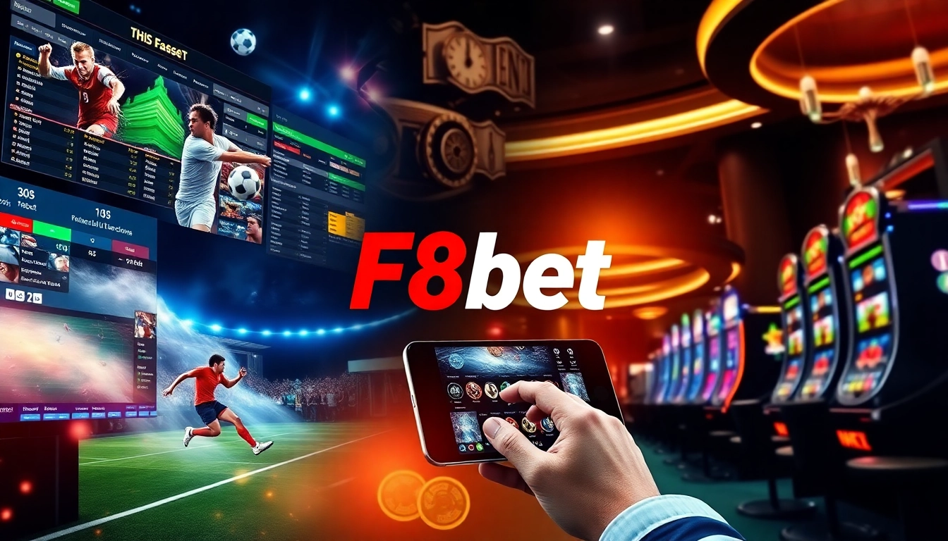 Experience F8bet's vibrant online betting environment with a modern digital collage showcasing sports, casino gaming, and interactive interfaces.