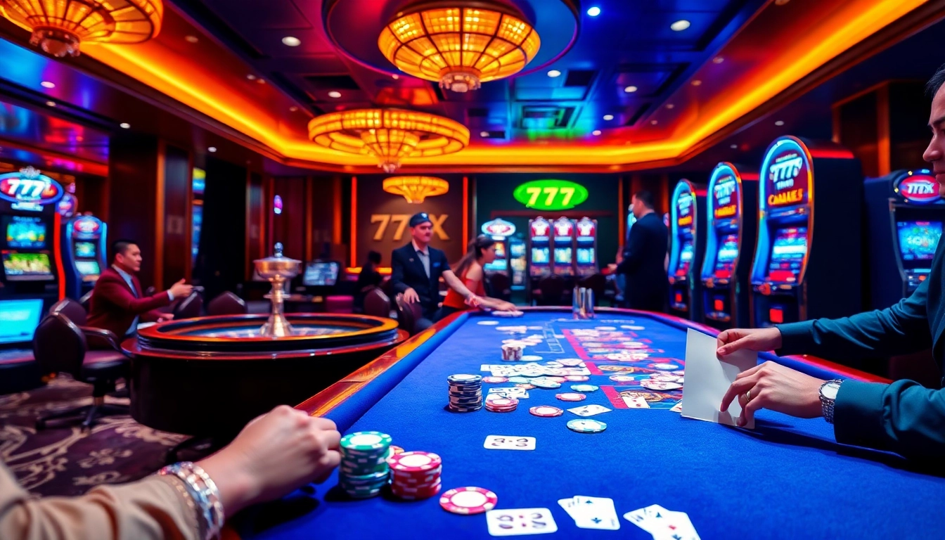 Players enjoying a thrilling gaming experience at 777X casino with vibrant chips and cards.