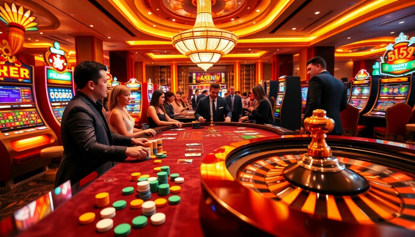 Exciting gambling experience at https://f168.vision/ with vibrant casino tables and patrons actively enjoying their games.