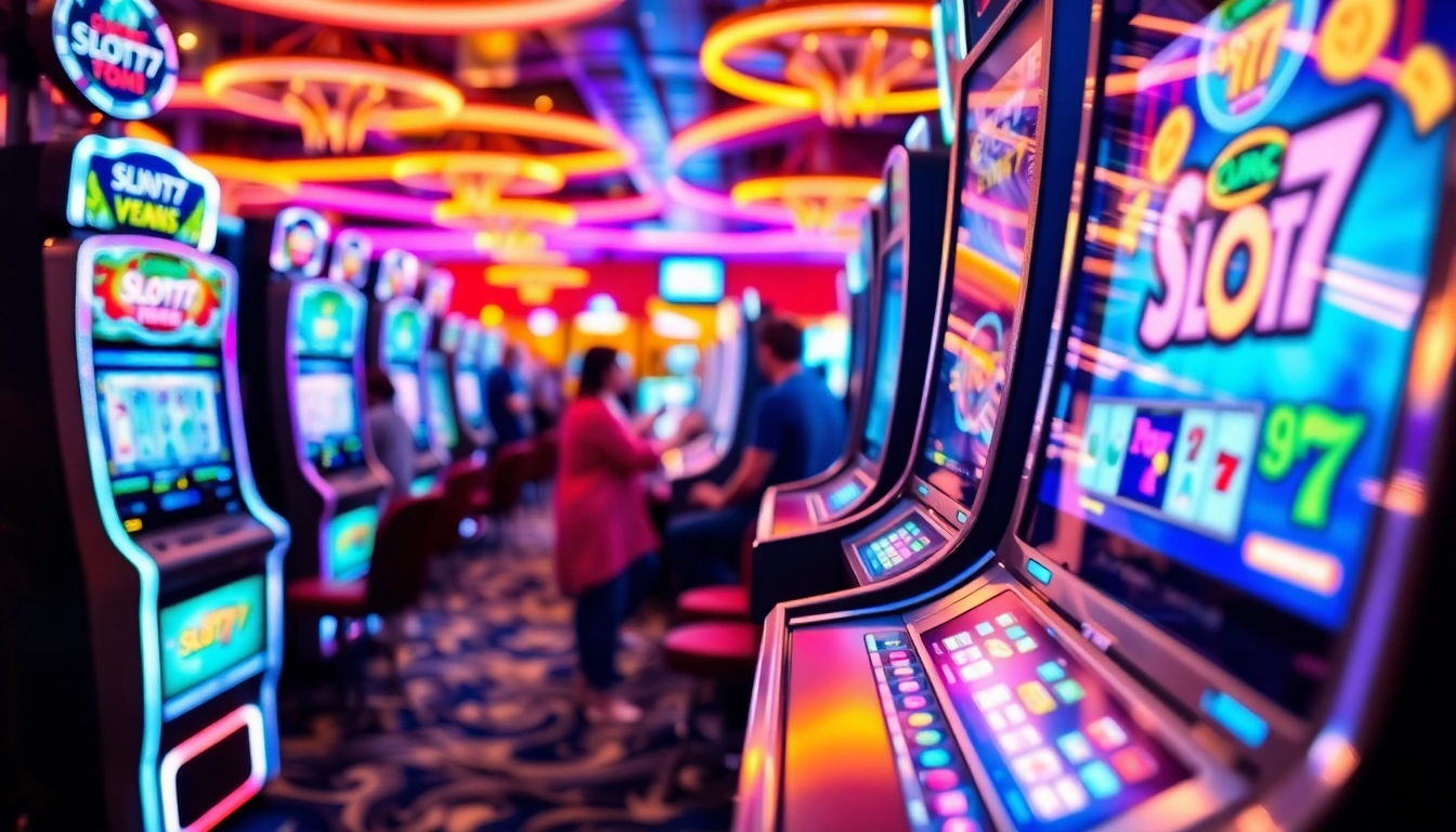 Slot77 yang menarik terlihat jelas dalam suasana kasino modern dan hidup.