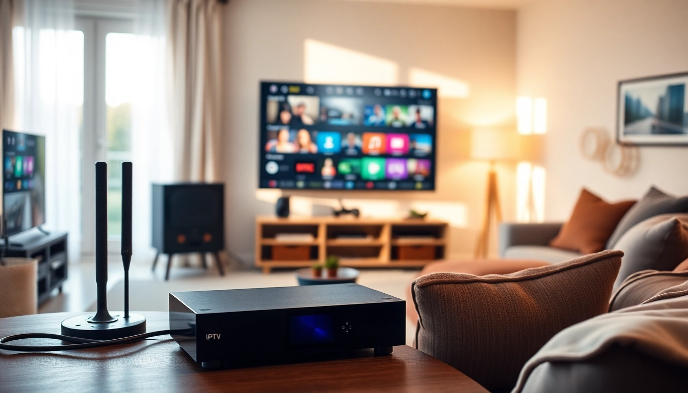 IPTV Streaming Angebot in einem modernen Wohnzimmer mit gemütlicher Ausstattung.
