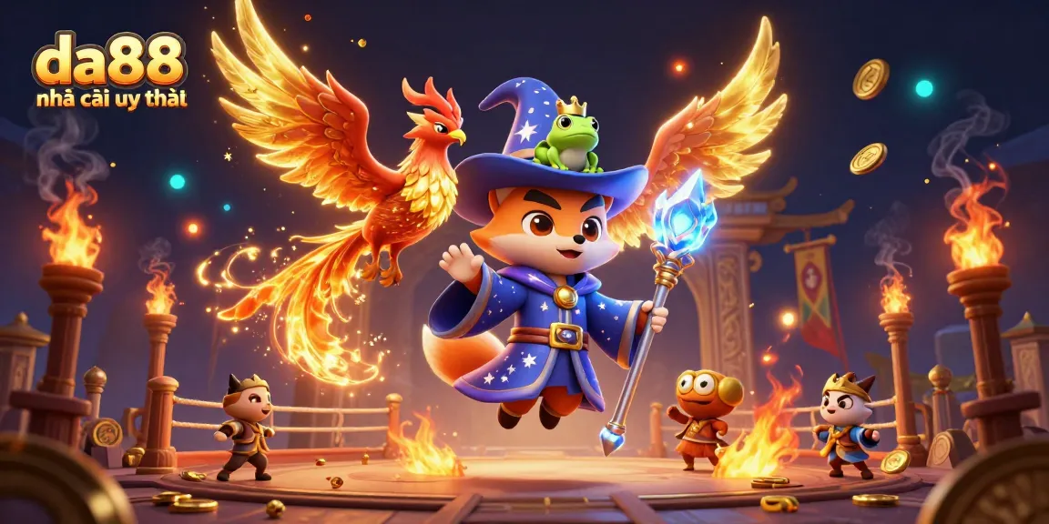 Experience winning at da88 nhà cái uy tín with this magical casino scene featuring a whimsical wizard and phoenix.
