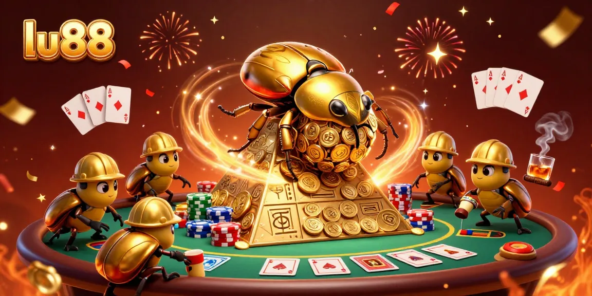 Experience the excitement of lu 88 with a golden beetle rolling coins at a vibrant casino scene.